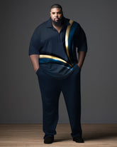 Big Men's Ombre Art  Gentleman Business Polo Zipper Shirt and Pants Two-piece Set
